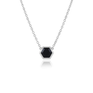 Geometric Hexagon Black Onyx Necklace in 925 Sterling Silver