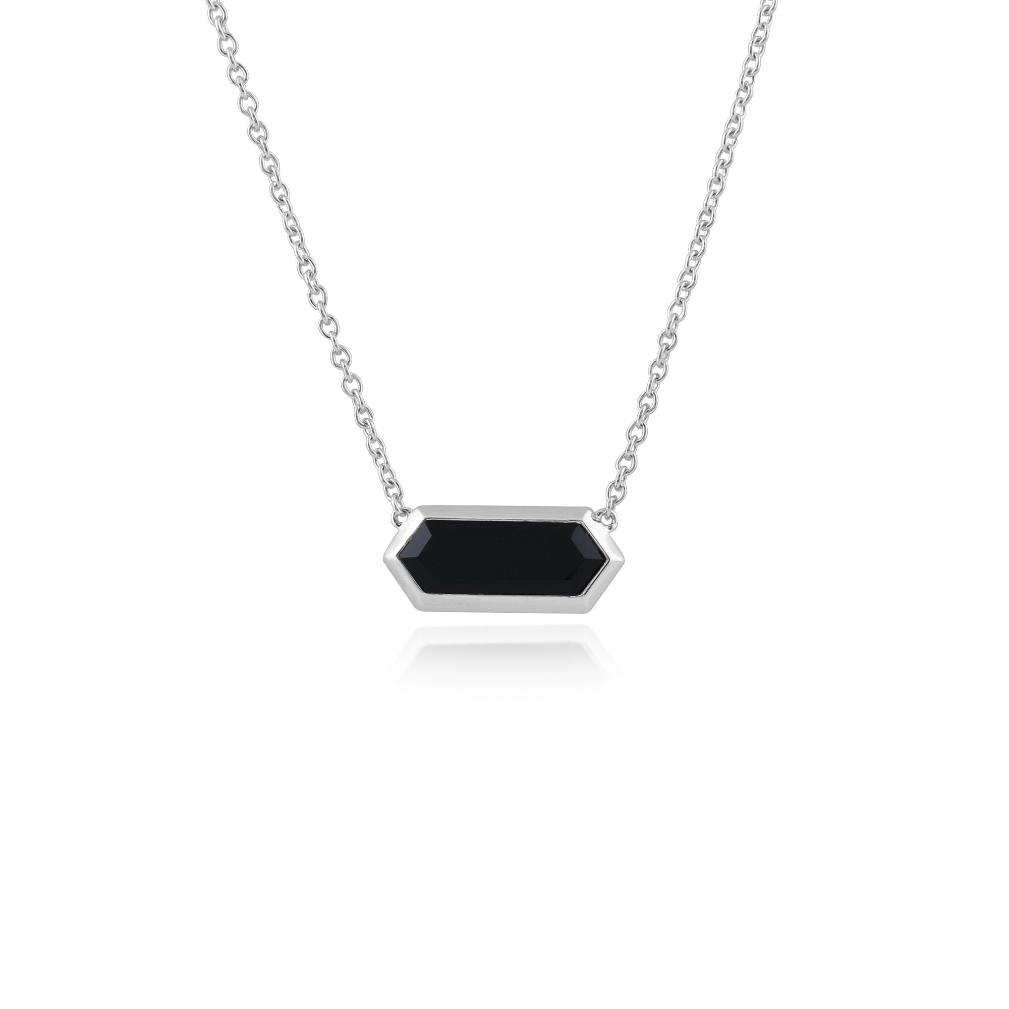 Geometric Hexagon Black Onyx Prism Necklace in 925 Sterling Silver
