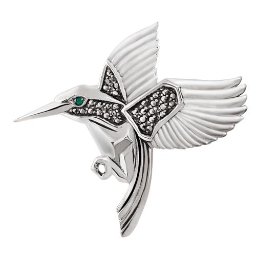 Art Nouveau Style Round Marcasite Hummingbird Brooch in 925 Sterling Silver