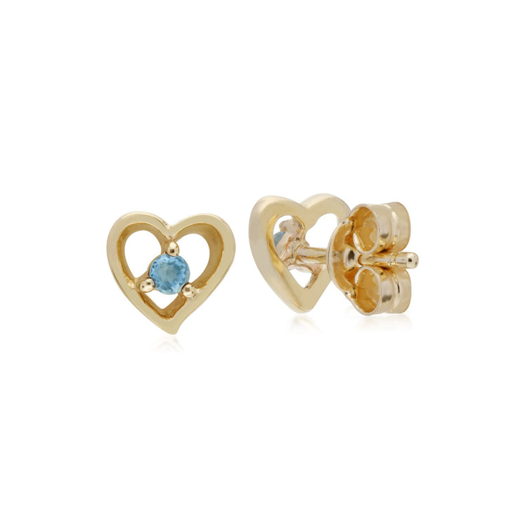 Orecchini con topazio azzurro, orecchini a bottone a forma di cuore con topazio azzurro in oro giallo da 9 ct