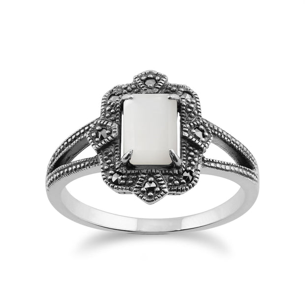 Orecchini pendenti e anello in stile Art Déco Argento 925 Madreperla Baguette e castone in marcasite