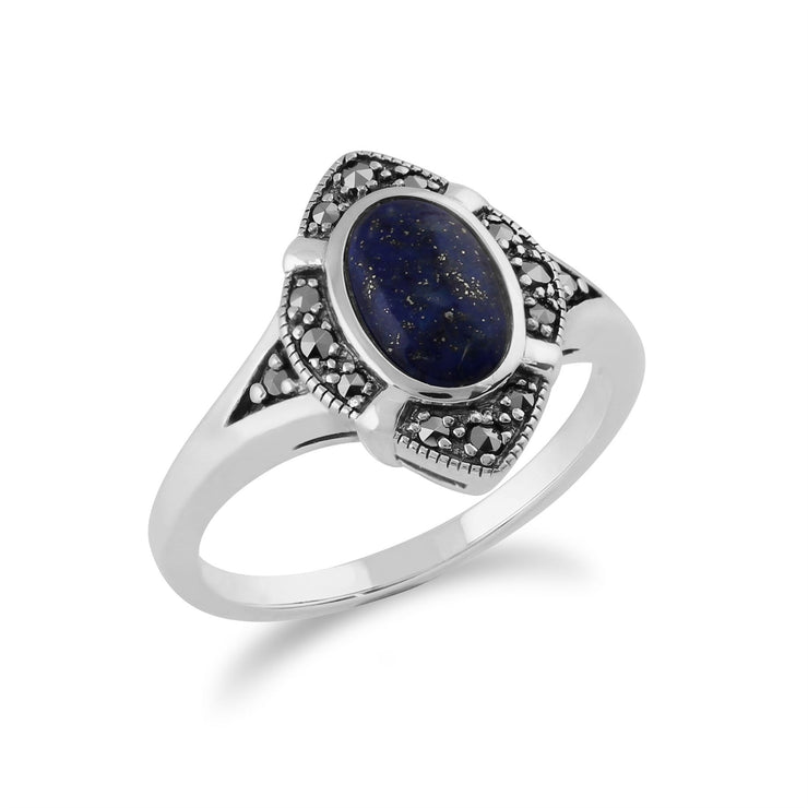Anello Art Deco Gemondo, Anello Art Deco in argento sterling 925 da 1,00 ct con lapislazzuli e marcasite