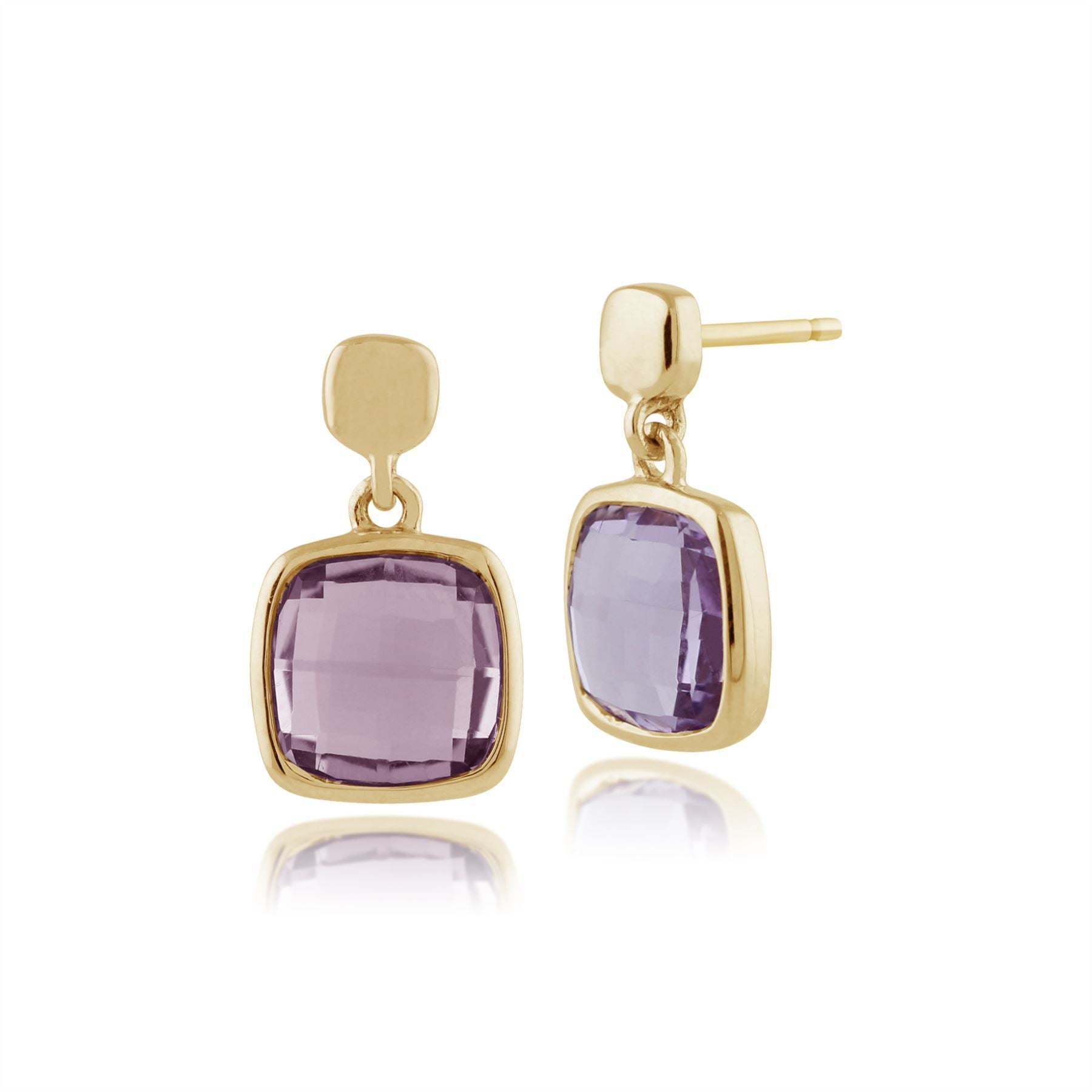 Square Checkerboard Amethyst 9ct Yellow Gold Drop Earrings