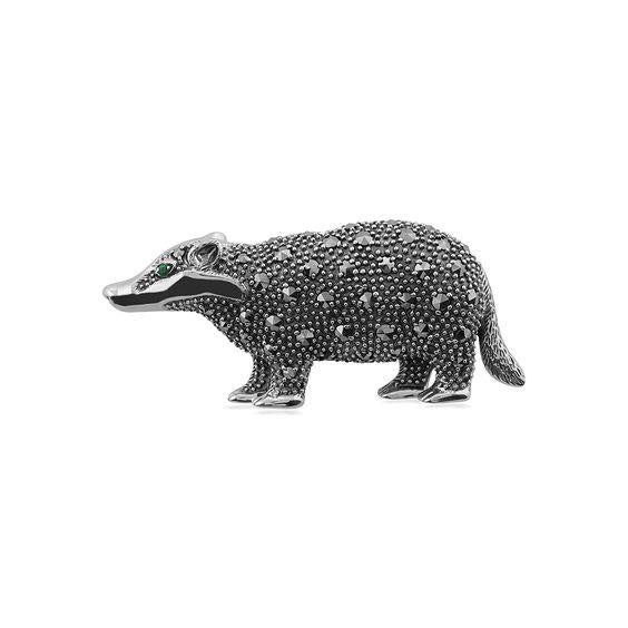 Marcasite & Emerald Badger Brooch in 925 Sterling Silver