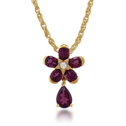 Ciondolo e orecchini a bottone floreale in argento 925 placcati in oro con rodolite e diamanti