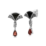 Orecchini granato a ventaglio in argento sterling, onice nero e marcasite