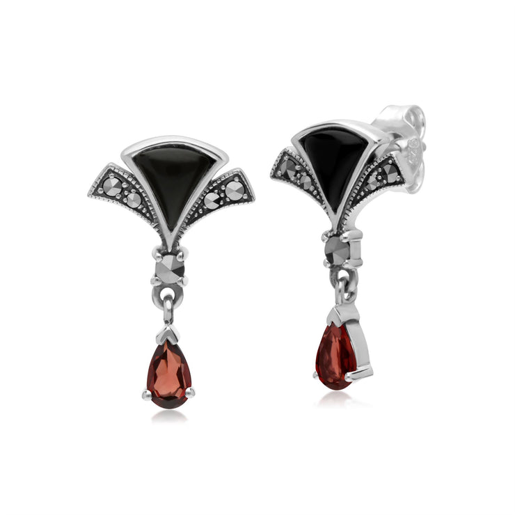 Orecchini granato a ventaglio in argento sterling, onice nero e marcasite