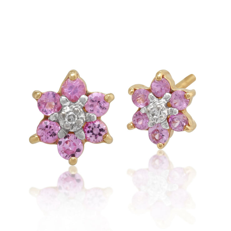 Ciondolo e orecchini floreali in oro giallo 375 con zaffiro rosa e diamanti