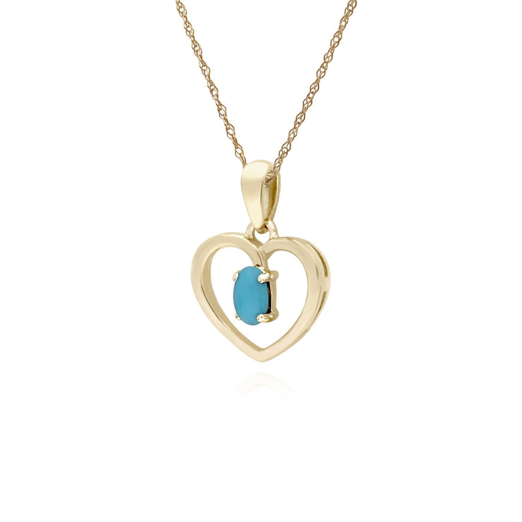 Pendente a cuore singolo con pietra ovale turchese in oro giallo da 9 ct su catena da 45 cm