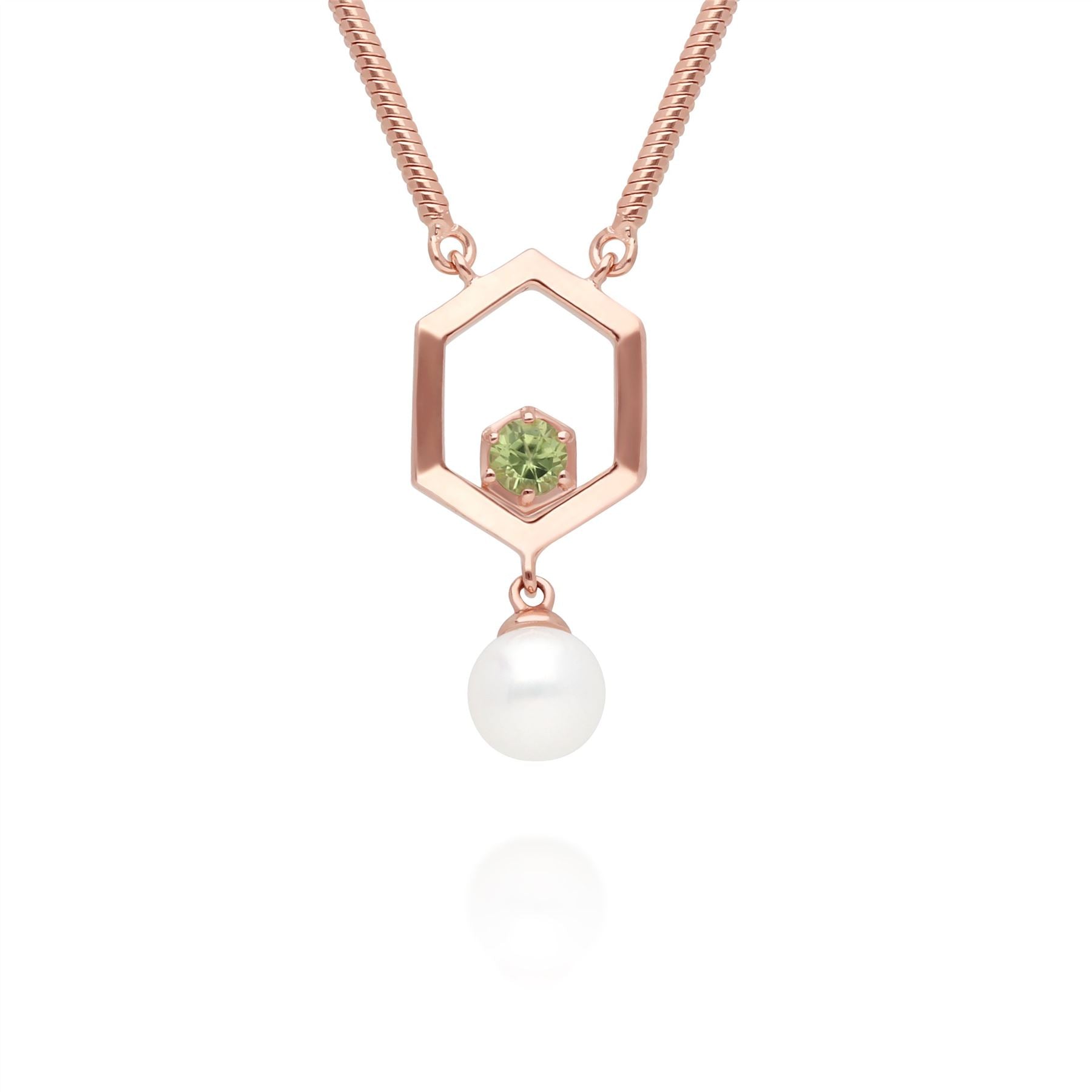 Collana a goccia esagono moderna di perle e peridoto in argento sterling placcato oro rosa