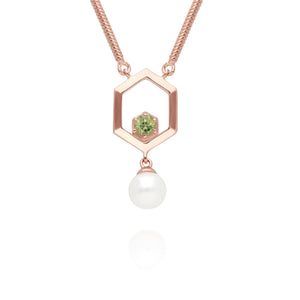 Collana a goccia esagono moderna di perle e peridoto in argento sterling placcato oro rosa