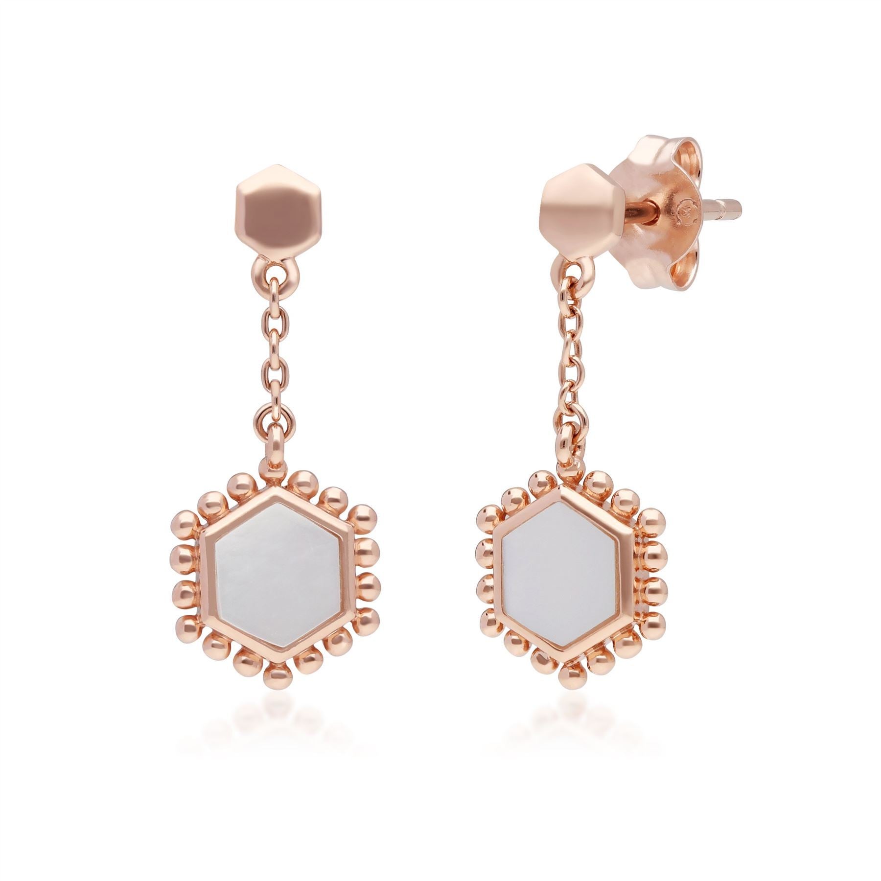 Mother of Pearl Slice Chain Drop Earrings in Rose Gold Plated 925 Sterling Silver