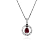 Collana in argento sterling con gocce d'acqua, rubini e marcasite rotonda da 45 cm