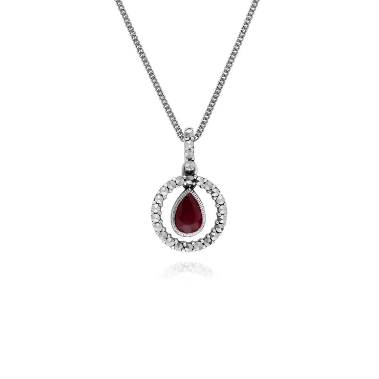 Collana in argento sterling con gocce d'acqua, rubini e marcasite rotonda da 45 cm