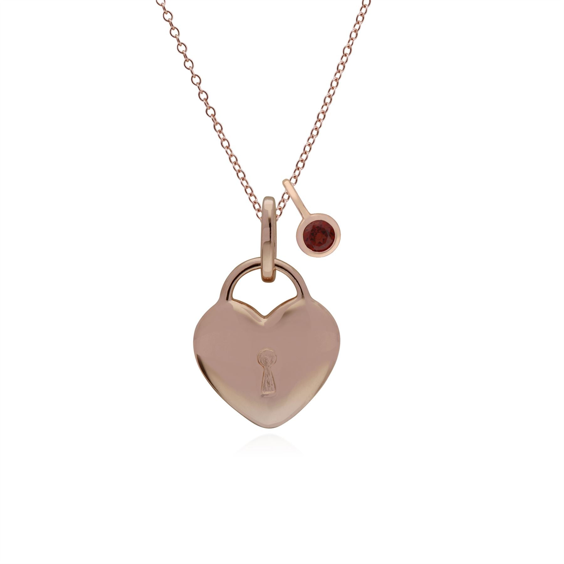 Ciondolo classico con lucchetto a cuore in argento 925 placcato oro rosa e ciondoli in granato
