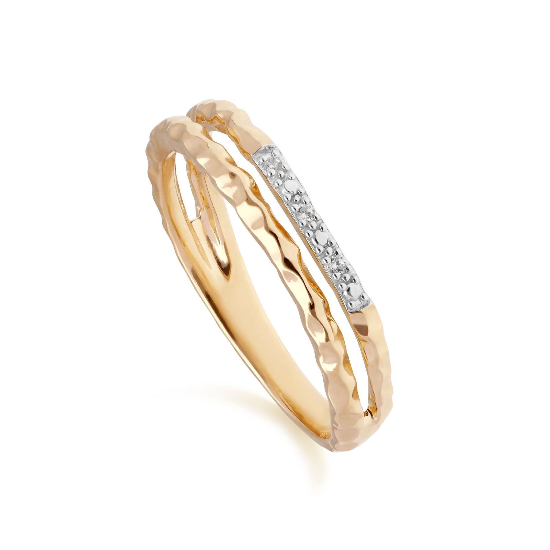 Diamond Pavé Hammered Double Band Ring in Yellow Gold
