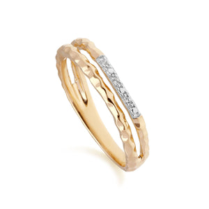 Diamond Pavé Hammered Double Band Ring in Yellow Gold