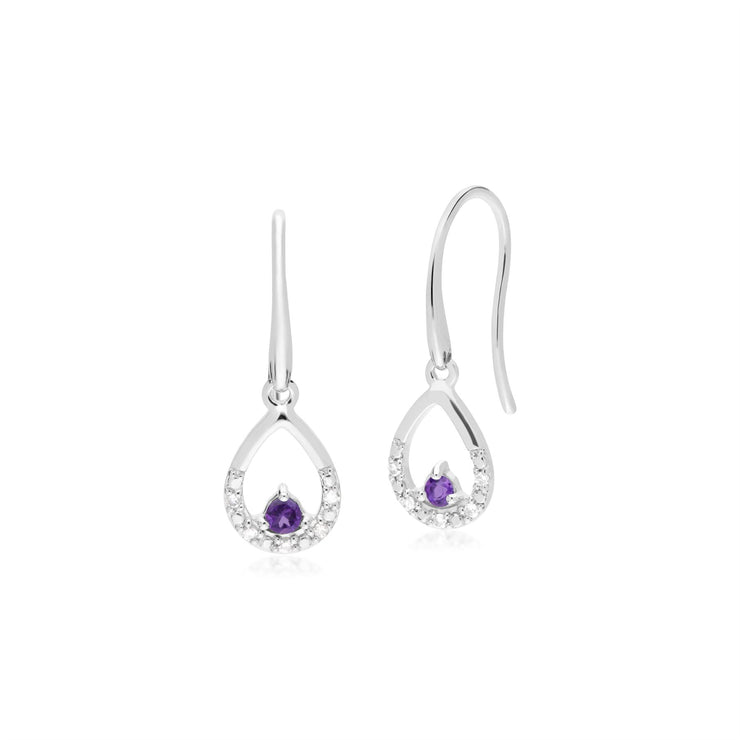Orecchini pendenti unici con ametista e diamanti in oro bianco da 9 ct