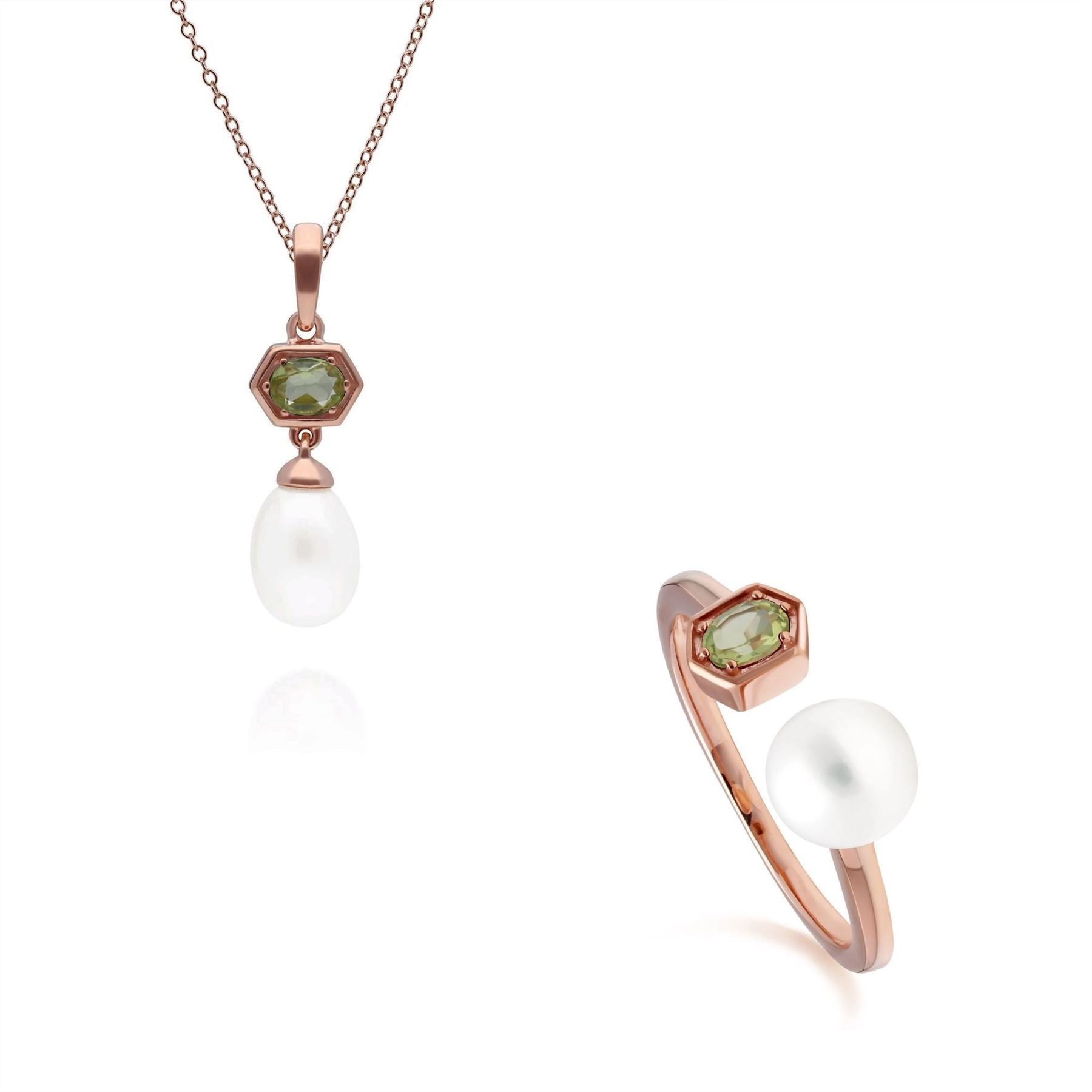 Modern Pearl & Peridot Pendant & Ring Set in Rose Gold Plated Sterling Silver