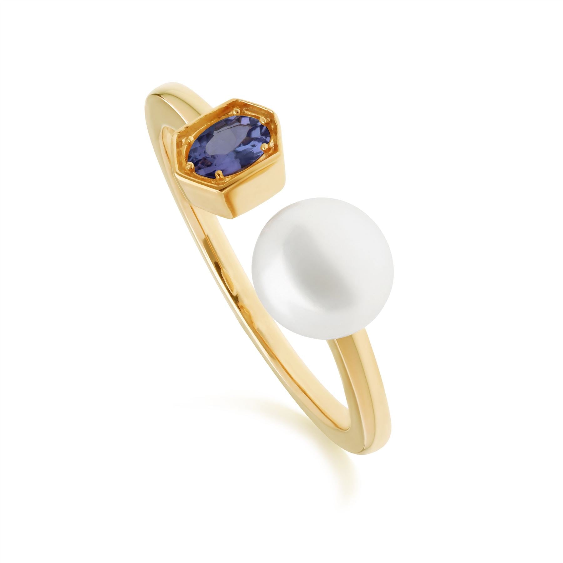 Anello Aperto moderno con perle e tanzanite in argento sterling placcato oro