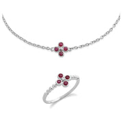 Bracciale e Anello Floreale Trifoglio Argento 925 Rubino Rotondo
