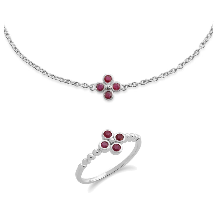 Bracciale e Anello Floreale Trifoglio Argento 925 Rubino Rotondo