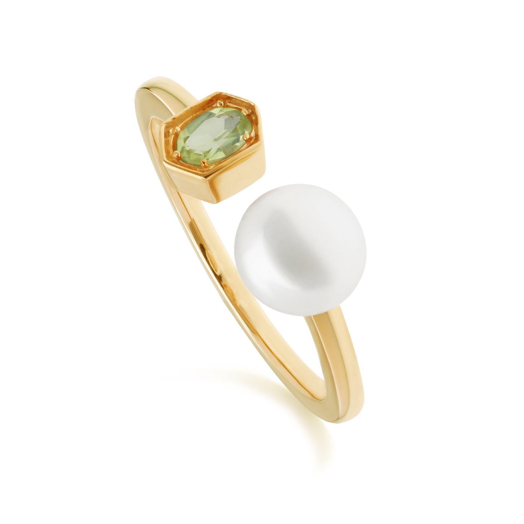 Modern Pearl & Peridot Open Ring in Gold Plated Sterling Silver
