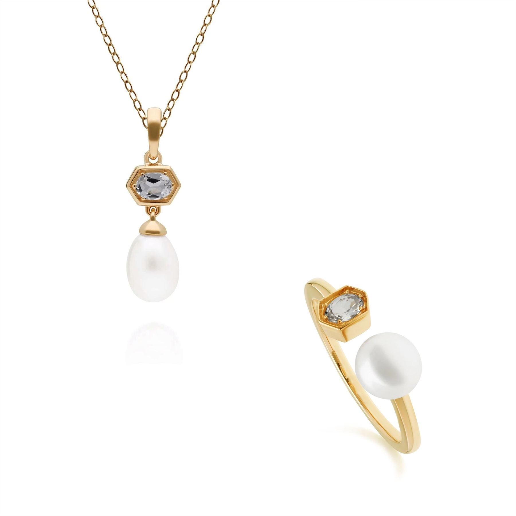 Modern Pearl & Topaz Pendant & Ring Set in Gold Plated Sterling Silver
