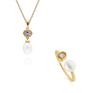 Modern Pearl & Topaz Pendant & Ring Set in Gold Plated Sterling Silver