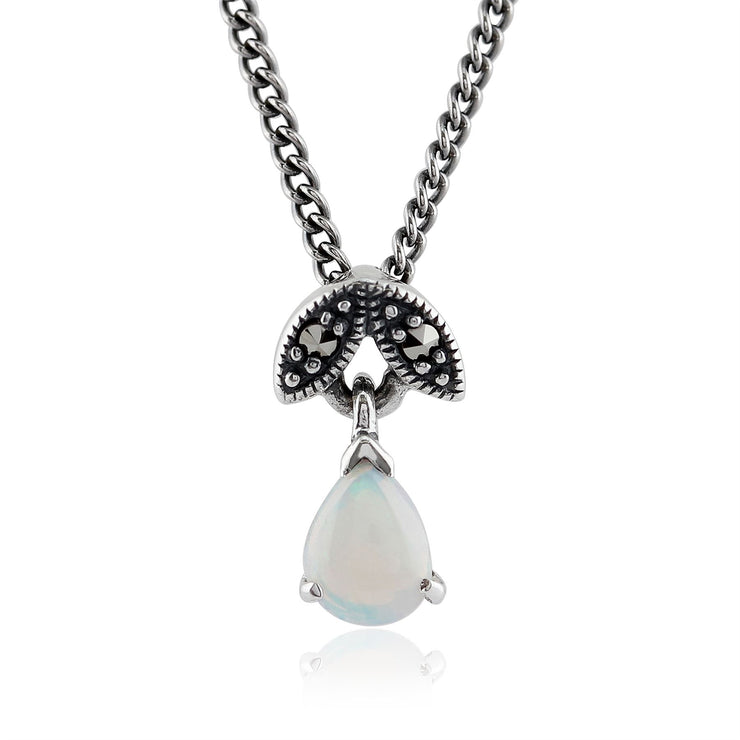 Ciondolo in stile Art Nouveau Argento 925 Opale Pera e Marcasite