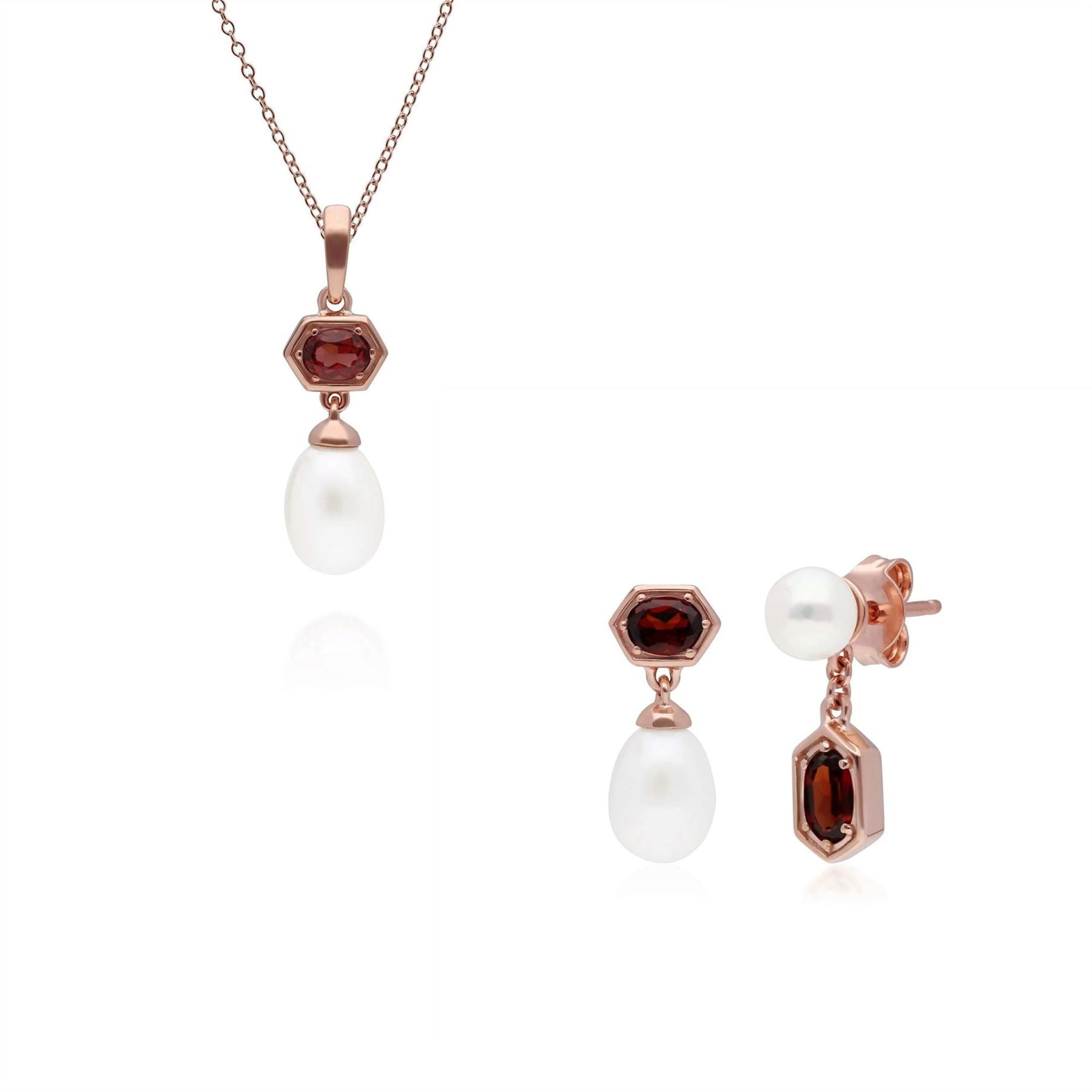 Modern Pearl & Garnet Pendant & Earring Set in Rose Gold Plated Sterling Silver