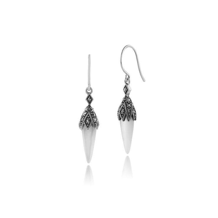 Collana e orecchini con pendente in stile Art Déco Argento 925 Cabochon in madreperla e marcasite