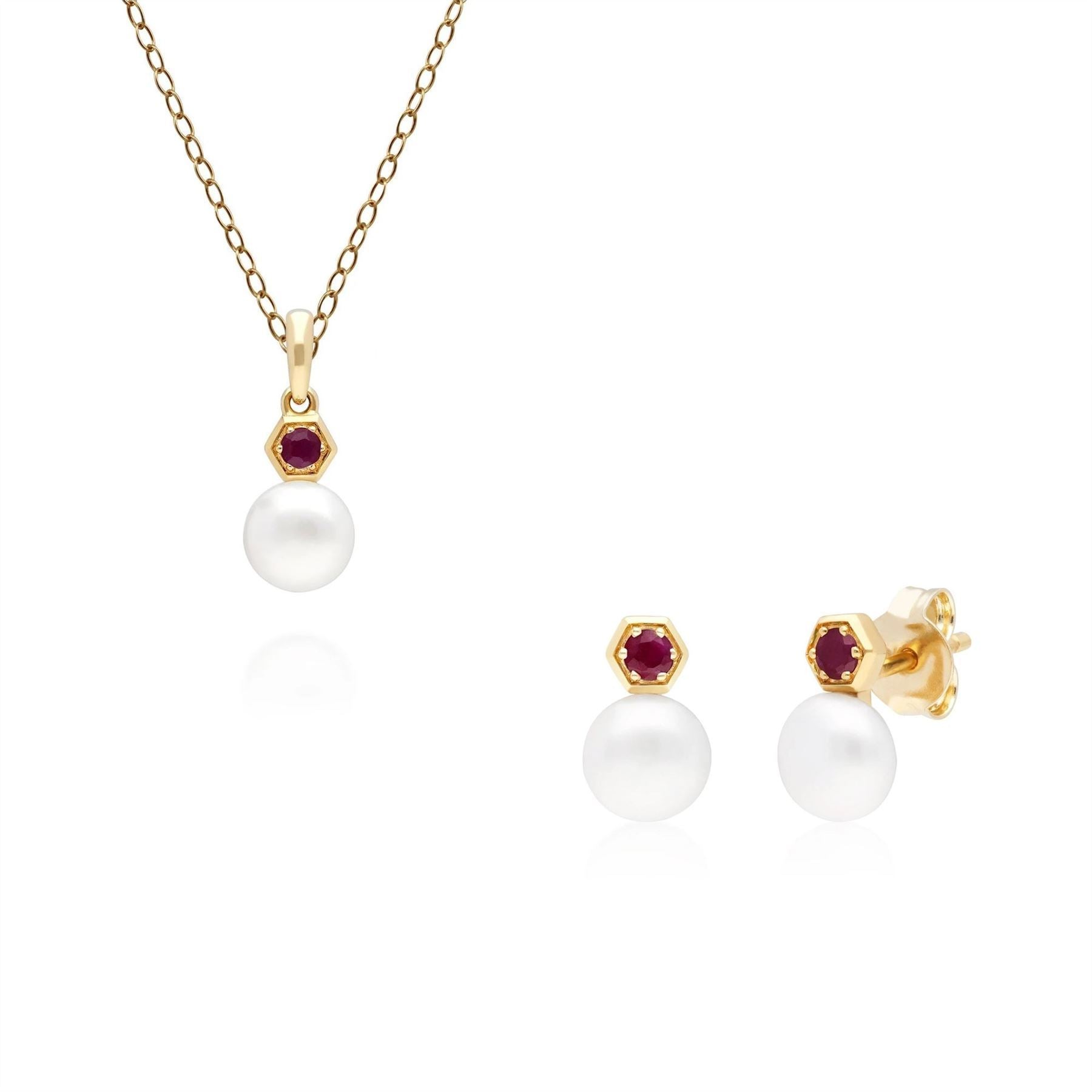 Modern Pearl & Ruby Earring & Pendant Set in 9ct Yellow Gold