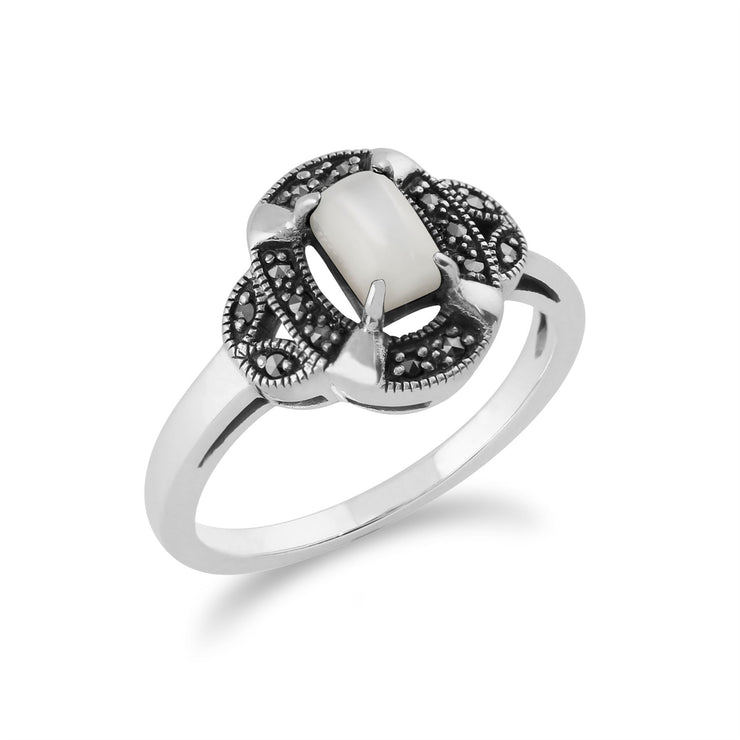 Anello Art Déco Gemondo, argento sterling 925 da 0,50 ct, madreperla e anello art deco con marcasite