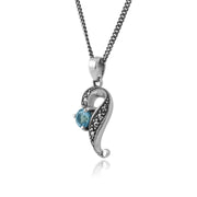 Collana e orecchini a bottone intrecciato in stile Art Nouveau in argento 925 tondo con topazio azzurro e marcasite