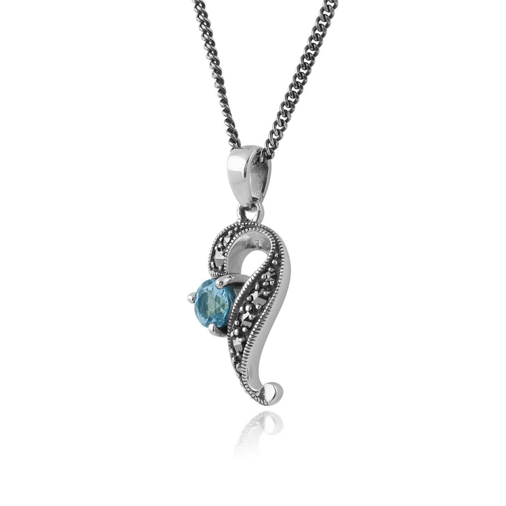 Collana e orecchini a bottone intrecciato in stile Art Nouveau in argento 925 tondo con topazio azzurro e marcasite