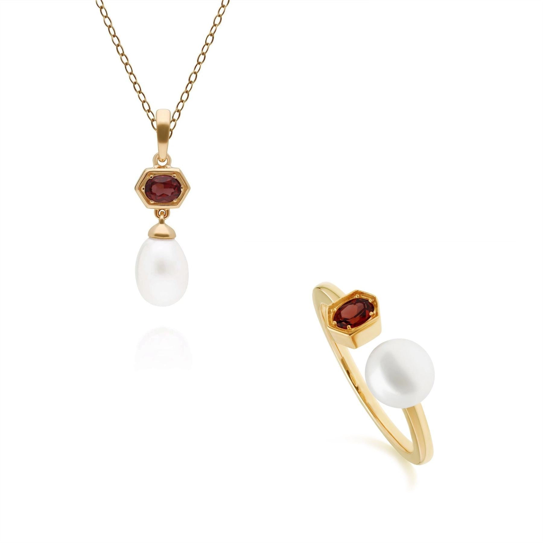 Modern Pearl & Garnet Pendant & Ring Set in Gold Plated Sterling Silver