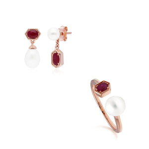 Modern Pearl & Ruby Earring & Ring Set in Rose Gold Plated Sterling Silver