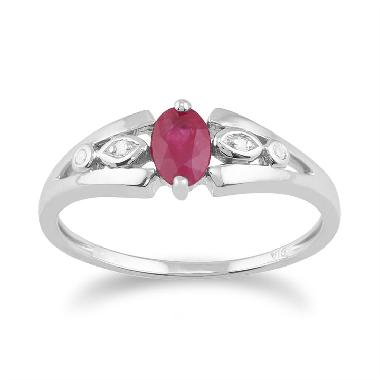 Anello in oro bianco da 9 ct con rubino naturale da 0,56 ct e pietra unica con diamanti