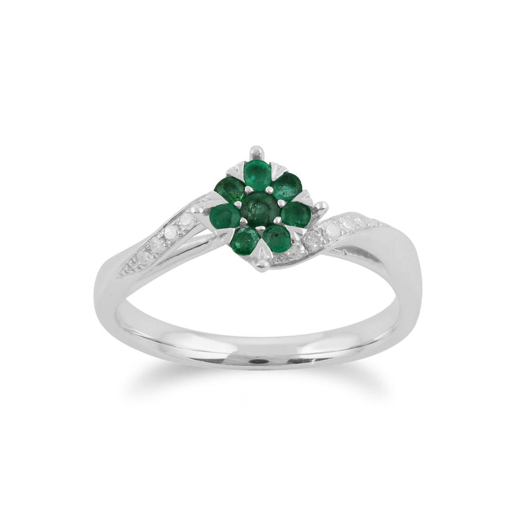 Anello Gemondo con smeraldo, anello a fiore con smeraldo e diamanti in oro bianco da 9 ct da 0,24 ct