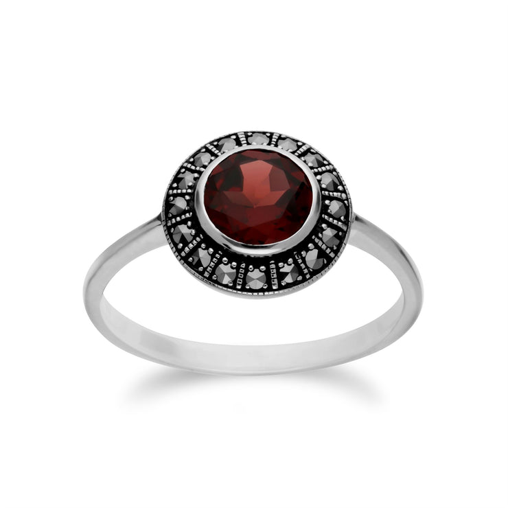 Ciondolo e anello in stile Art Déco in argento 925 con grappolo rotondo di granato e marcasite
