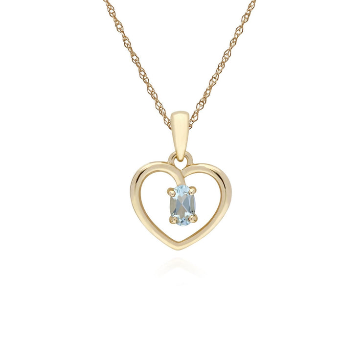 Ciondolo a cuore singolo con pietra ovale acquamarina in oro giallo da 9 ct su catena da 45 cm