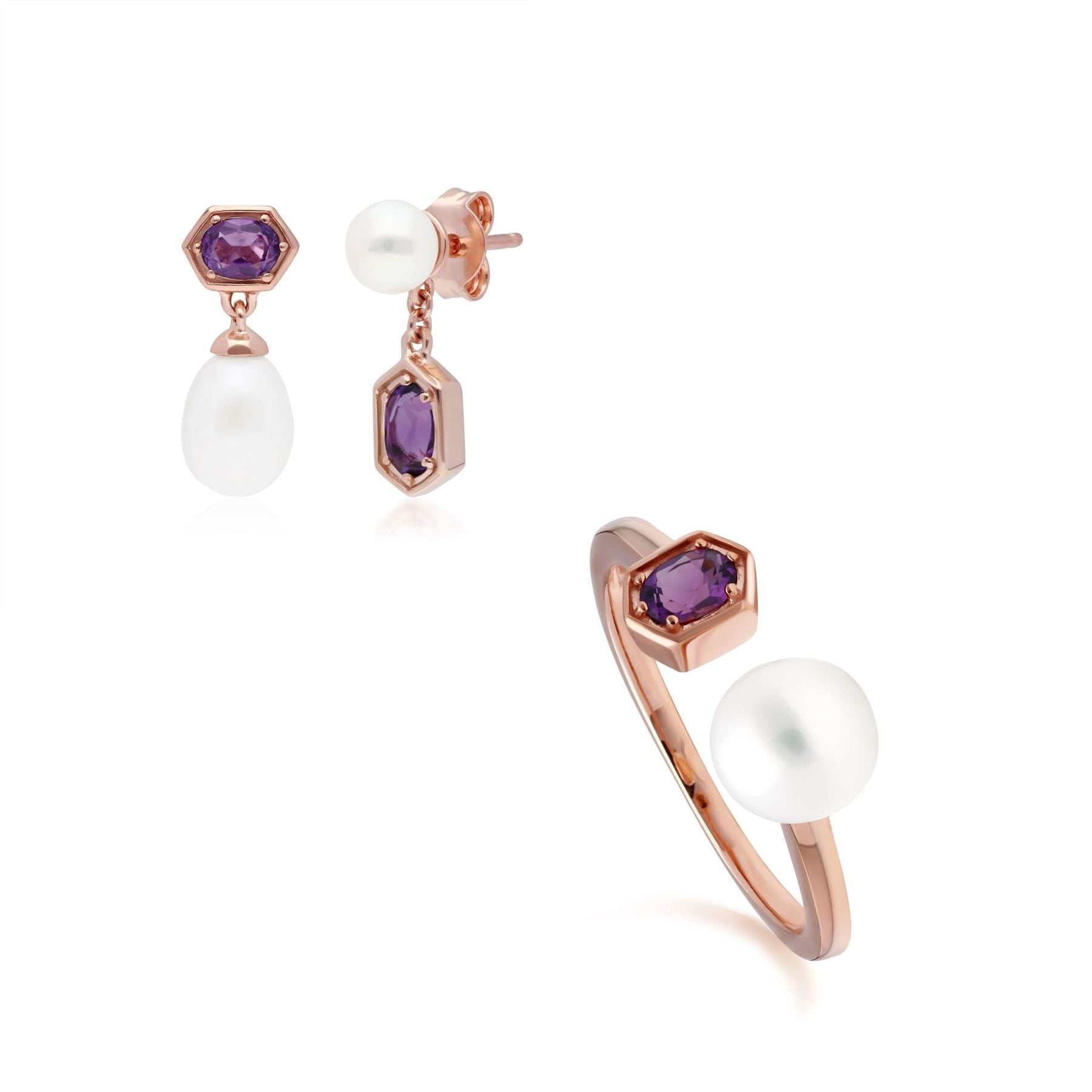 Modern Pearl & Amethyst Earring & Ring Set in Rose Gold Plated Sterling Silver