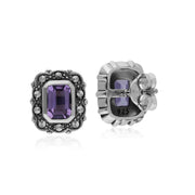 Orecchini di ametista, orecchini in argento sterling con ametista e marcasite ottagonali in stile Art Nouveau