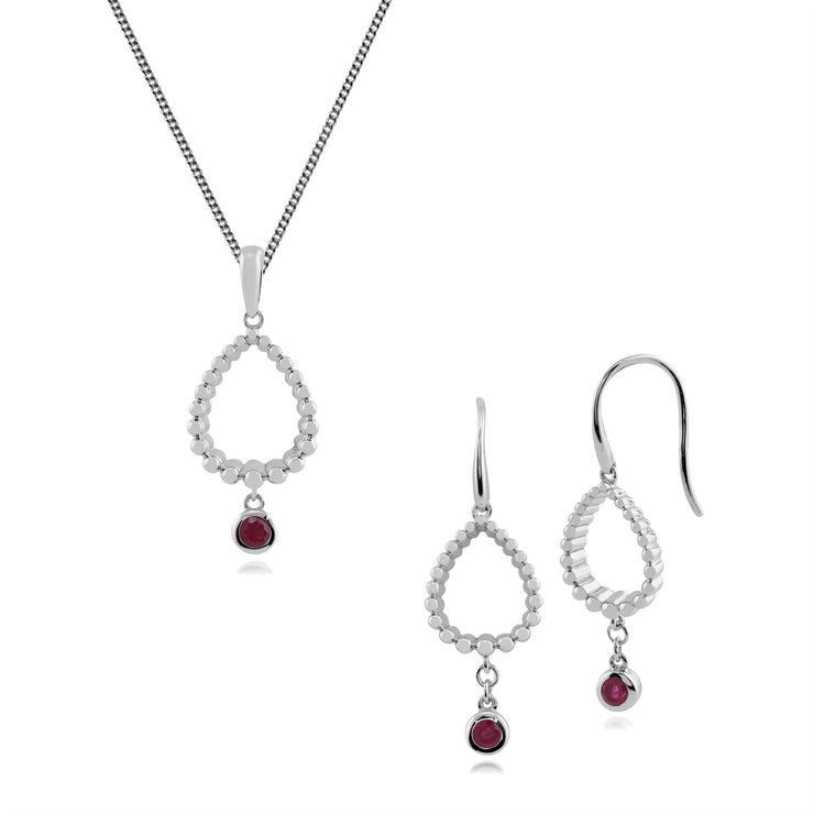 Classico pendente a pera e orecchini pendenti in argento 925 con castone rotondo con rubino