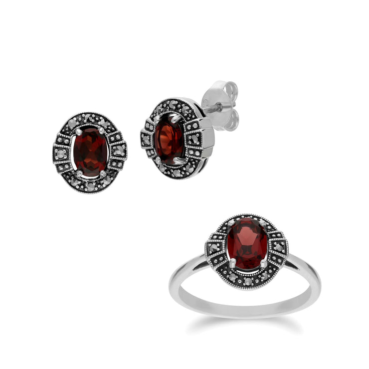 Orecchini a lobo e anello in stile Art Déco Argento 925 con granato e marcasite a grappolo ovale