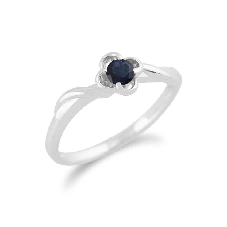 Anello Gemondo con zaffiro, anello con fiore in zaffiro blu da 9 ct in oro bianco da 0,27 ct