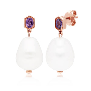 Modern Baroque Pearl & Amethyst Drop Earrings in Rose Gold Plated Sterling Silver