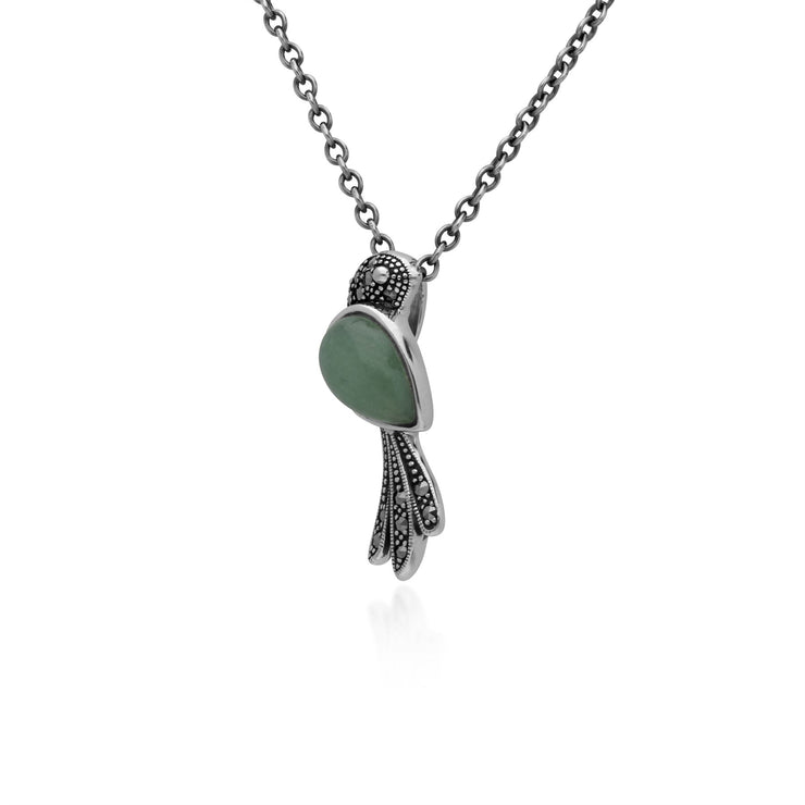Collana con uccello in argento sterling con giada verde e marcasite