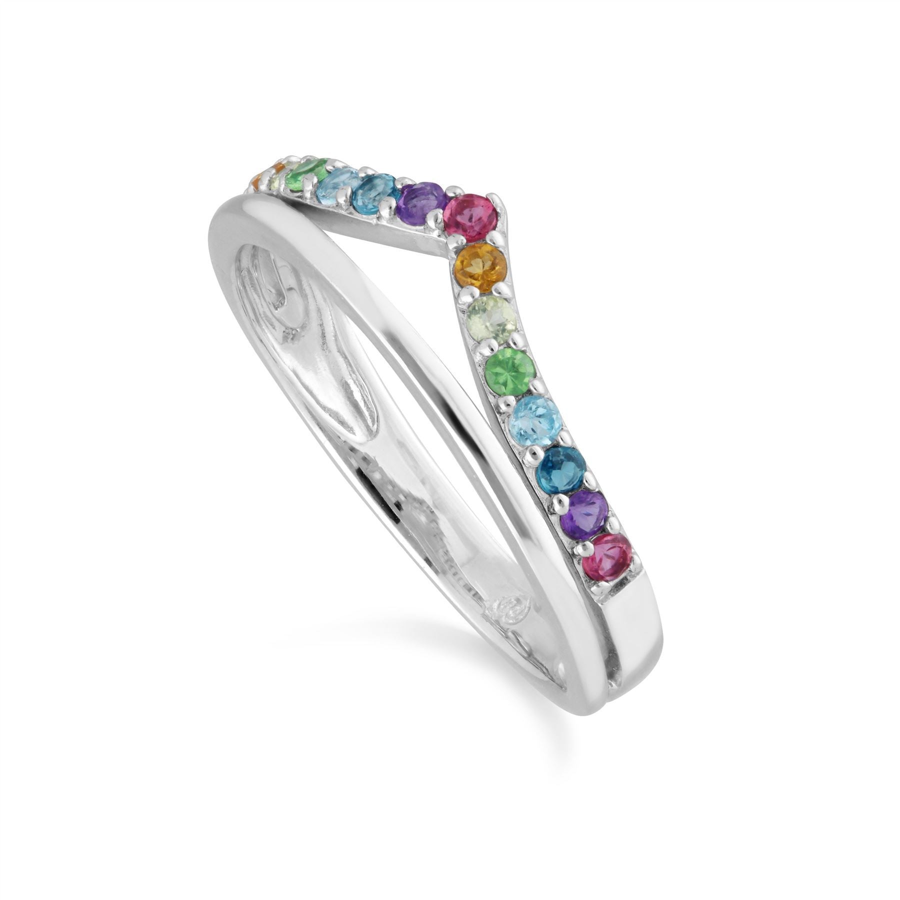Rainbow Gemstone Wishbone Ring Style in Sterling Silver